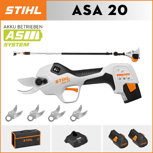 STIHL ASA20*1, batería de litio*2, caja de almacenamiento (37*20*11CM)*1, cabezal de corte*5, cargador*1, varilla telescópica de 30CM-50CM*4 (longitud de almacenamiento 30CM)